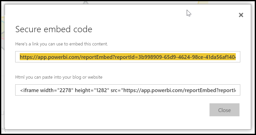 Secure embed dialog showing the HTML embed code and the URL.