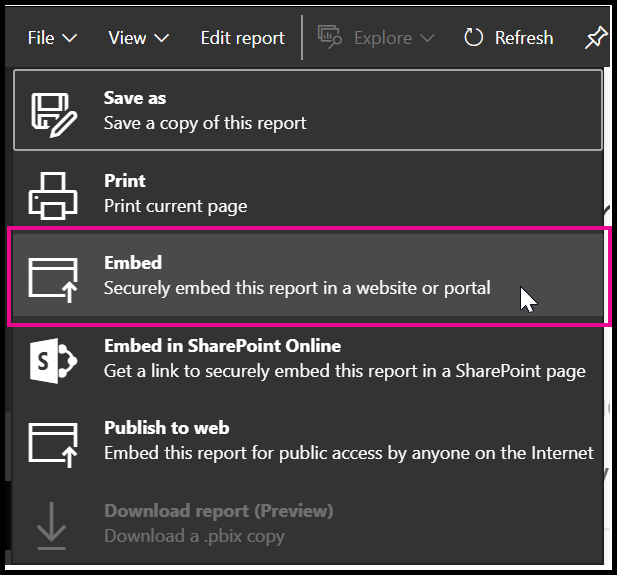 Secure embed option is available in the report file menu.