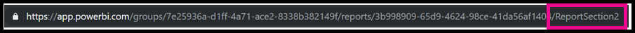 Shows the browser address bar when viewing a report in the Power BI service web UI. The highlighted area indicates the page name referenced in the article.