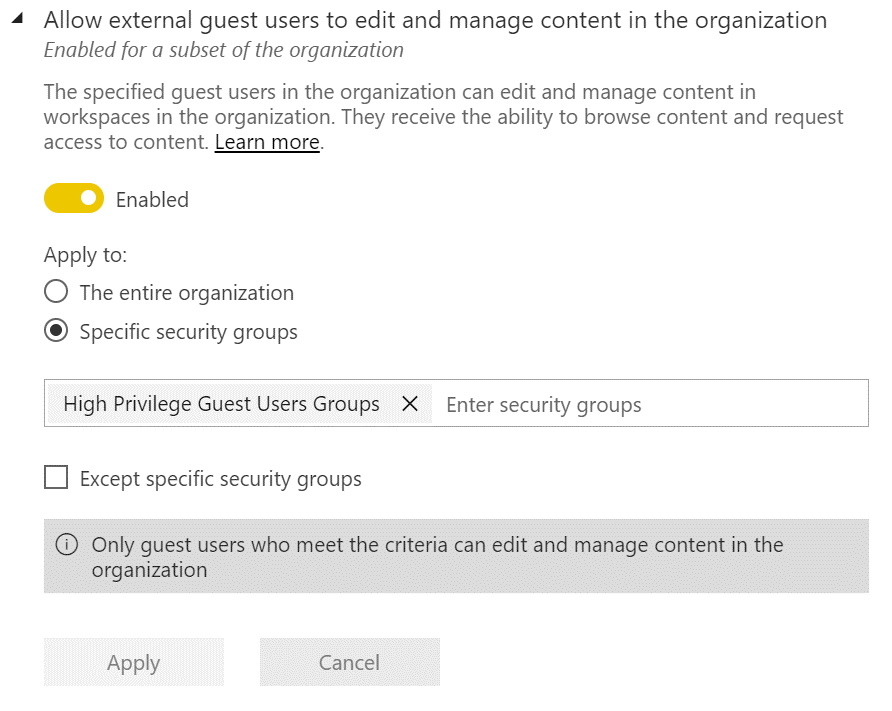 Screenshot showing the Power BI Admin Portal option to allow Azure AD B2B Guest users to edit and manage content in Power BI