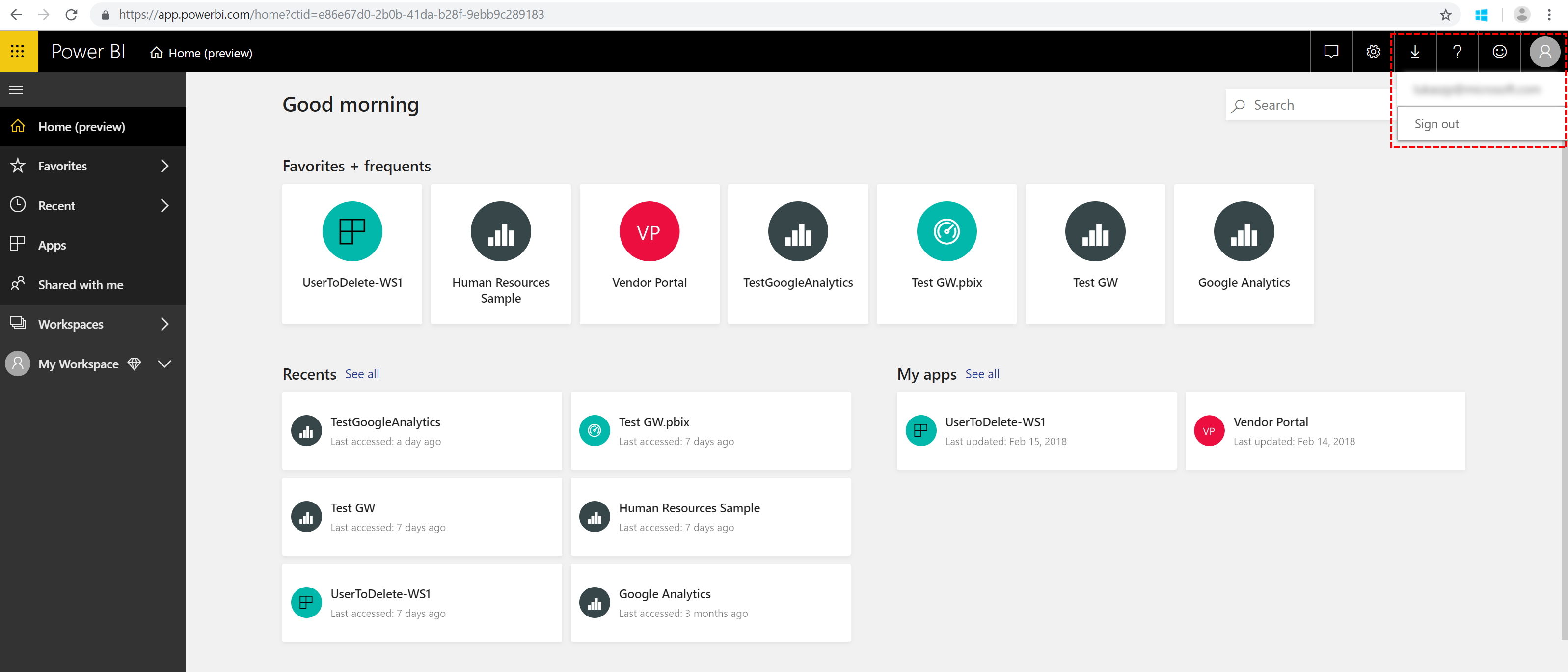 Screenshot of Power BI Home showing the Azure AD B2B user logged in under user profile.