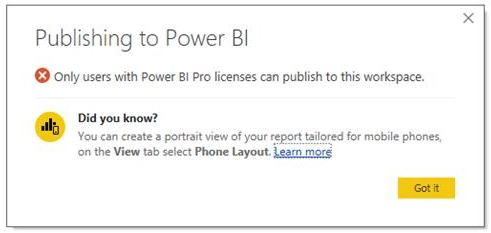 Screenshot of Power BI Desktop publish error dialog indicating the user does not have the right license to upload to the selected workspace.