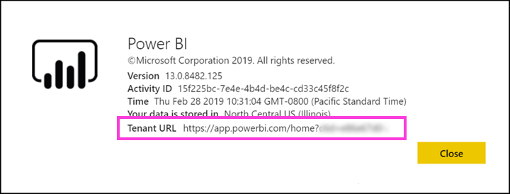 Screenshot of the Power BI About dialog with Tenant URL highlighted