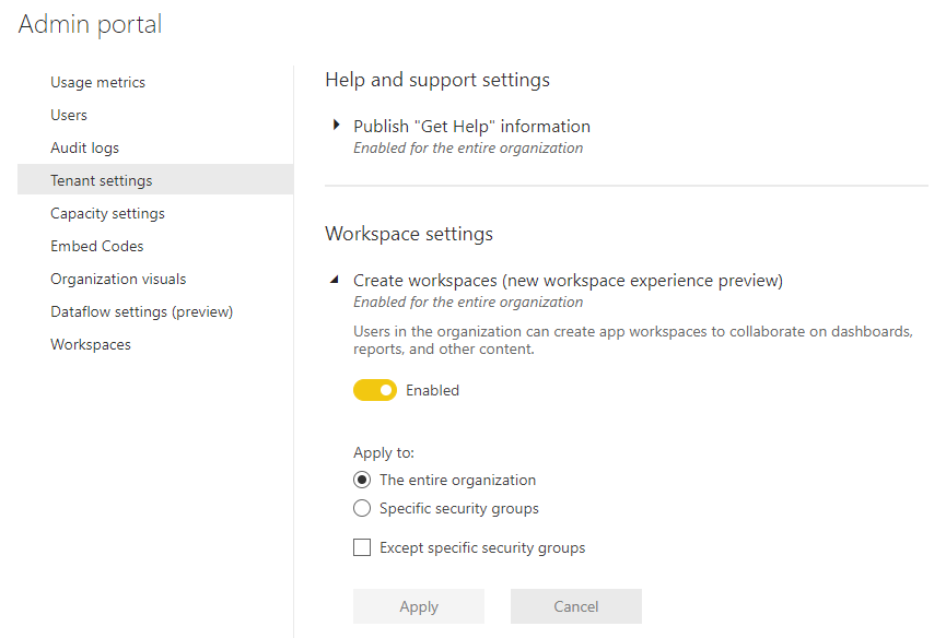 Screenshot of Power BI admin portal showing the setting that allows users to create workspaces.