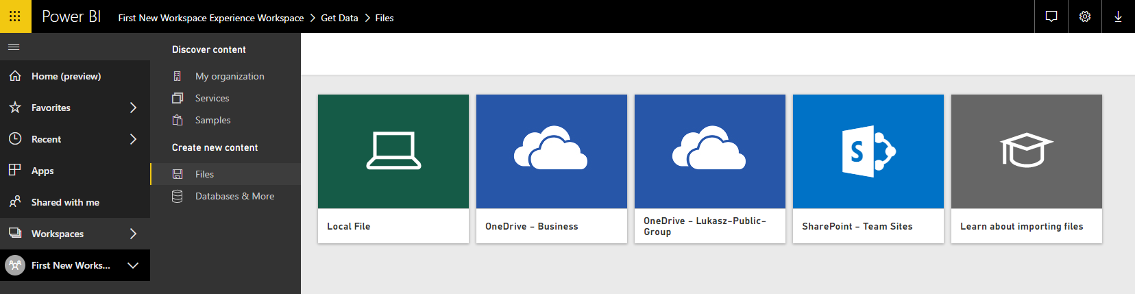 Screenshot showing the files options in Get Data. It shows the workspace OneDrive