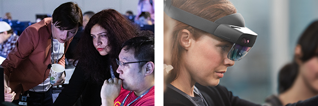 Two women and a man gather around a computer screen. A woman wears VR goggles.