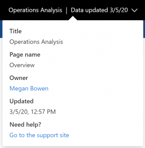 Screenshot of the new look for the Power BI service item information showing the app support site.