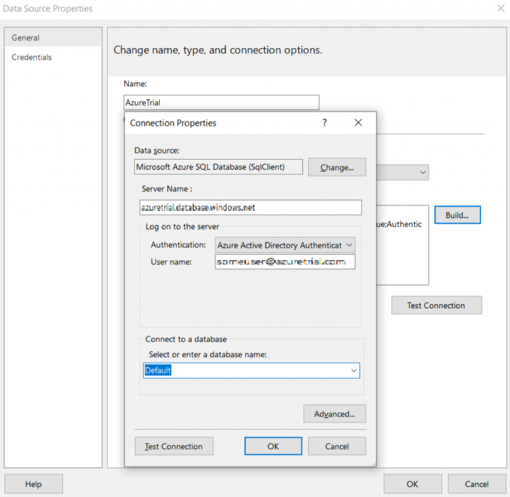 New authentication window for connecting to Azure SQL database and Azure Synapse.