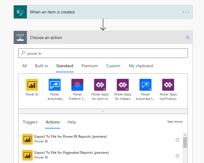 Picture of Power BI actions for Power Automate