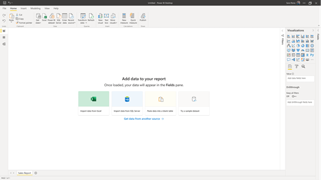 Canvas watermark showing some options to add data to your report: import data from Excel, import data from SQL Server, Paste data into a blank table or Try a sample dataset.