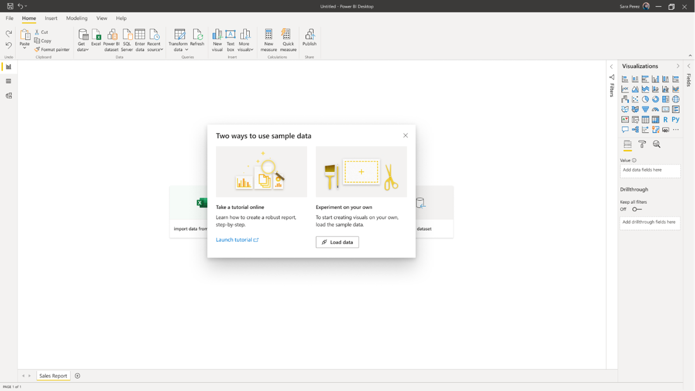 Canvas watermark showing two ways to use sample data: take a tutorial online or experiment on your own.