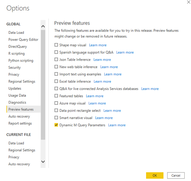 Dynamic M Query Parameters need to be enabled in the settings dialog