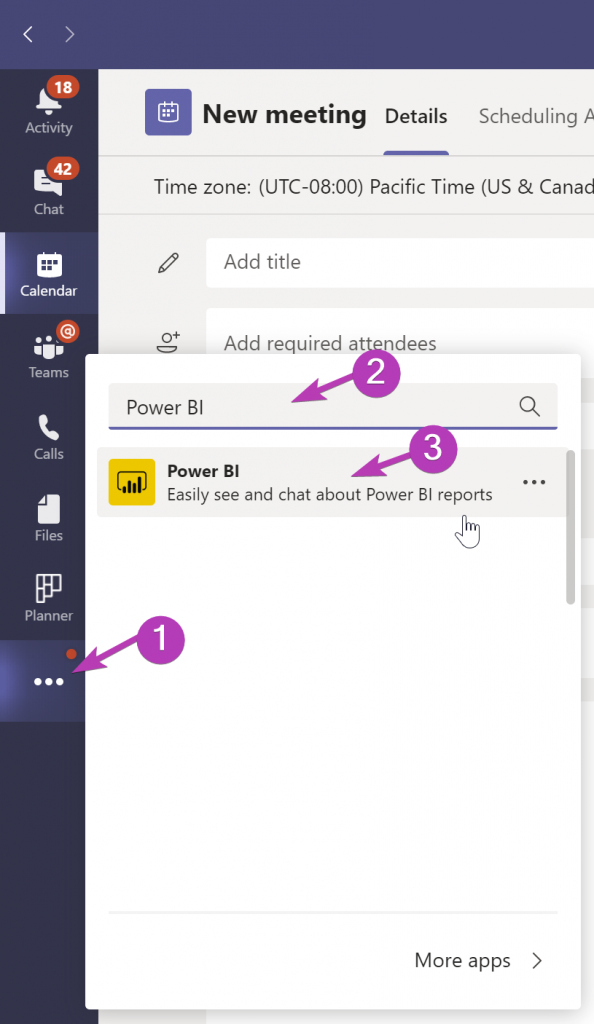 Screenshot showing how to find the Power BI app through the Microsoft Teams left navigation ... button.