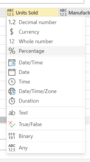 Data type dropdown for a column within the enter data view. Example options include Whole Number, Text, Date, True/False, and Binary. 