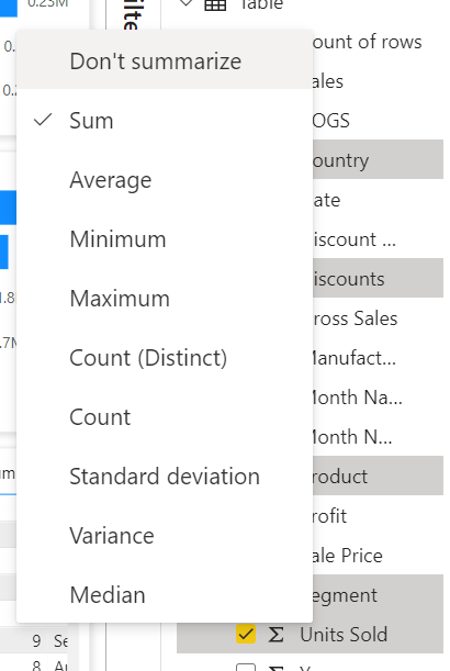 Available summarize options, including Sum, Average, Minimum, Maximum, Count (Distinct), Count, Standard deviation, Variance, and Median.