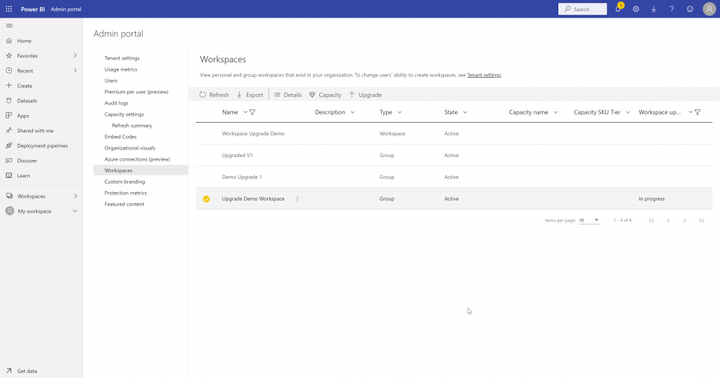 The workspace upgrade status column in the Power BI admin portal workspaces list ui showing an in progress workspace upgrade.