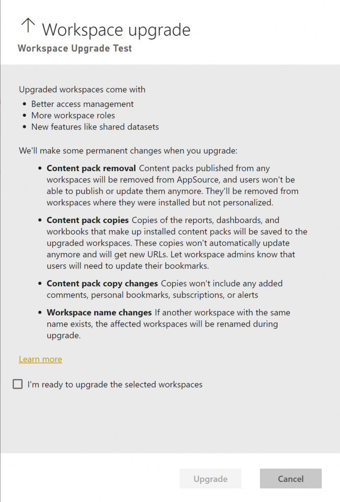 The upgrade pane shown to admins before they start an admin-initiated workspace upgrade.