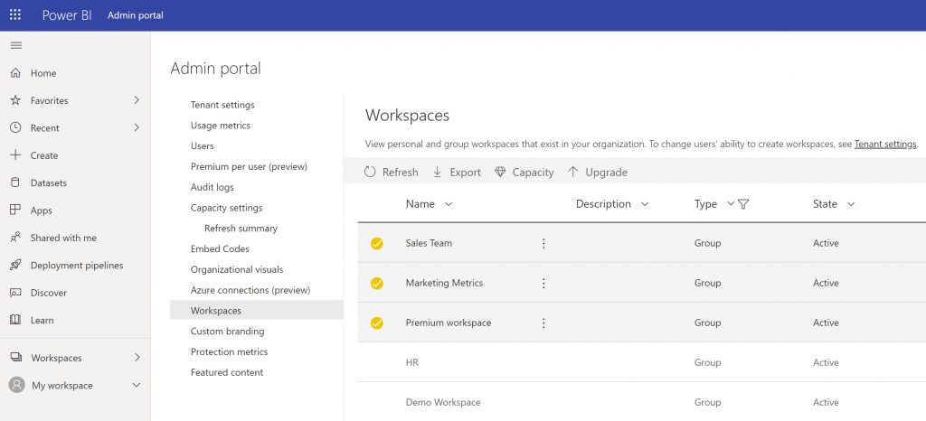 The workspaces list in the Power BI Admin Portal with the upgrade option when classic workspaces, those with type set to Group are selected.