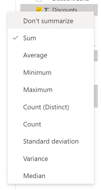 Context menu showing aggregation options for a numeric field