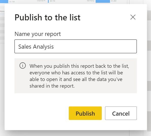 Publish dialog where you name the report before sharing it back to the list