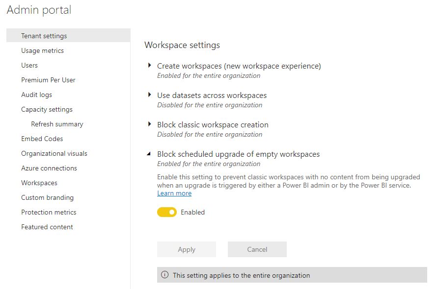 Screenshot of the Block scheduled upgrade of empty workspaces Power BI Admin Tenant setting