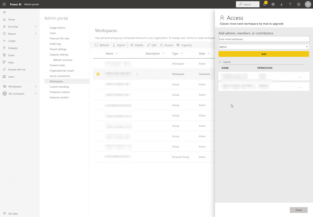 Screenshot of access management in admin portal