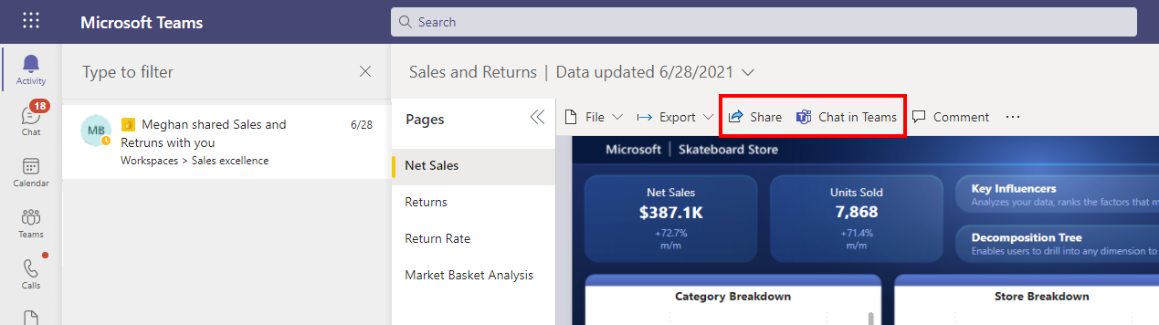 Screenshot of the Power BI report sharing notification experience highlighting the Share and Chat in Teams options in the action bar, which help users reshare the report quickly to other who may need to use it.