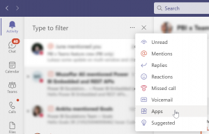 Screenshot of the Microsoft Teams activity feed filter option that lets users filter to show notifications sent by apps.