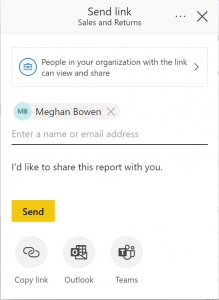 A screenshot of the Power BI easy sharing experience with a person selected who will receive notifications.