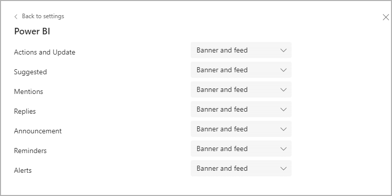 Screenshot of the Power BI notification settings options. It lists categories like Actions and updates that control report sharing and request access notifications. 