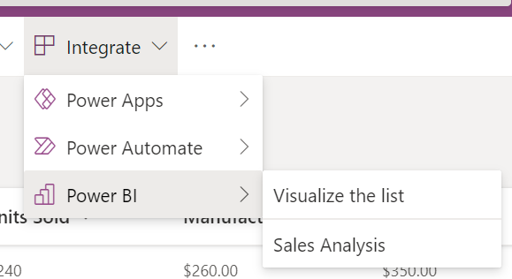 Integrate menu in SharePoint showing the previously shared report.