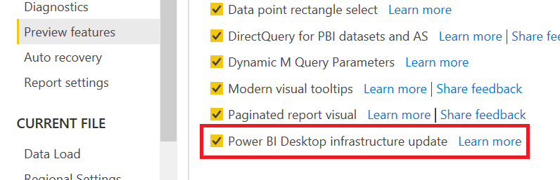 The "Power BI Desktop infrastructure update" preview feature checked within the Options dialog.