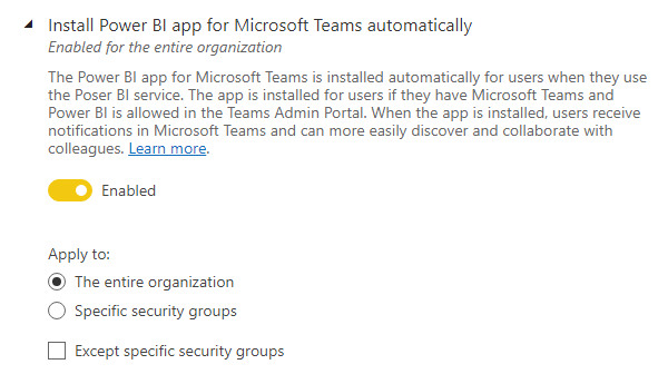 Power BI tenant setting that controls automatically installation of the Power BI app for Microsoft Teams for a user.