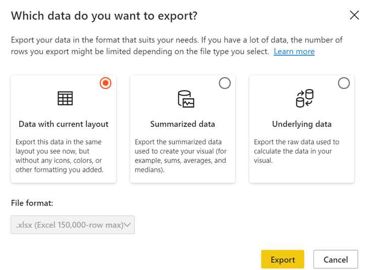 Export to Excel Dialog with Download Options