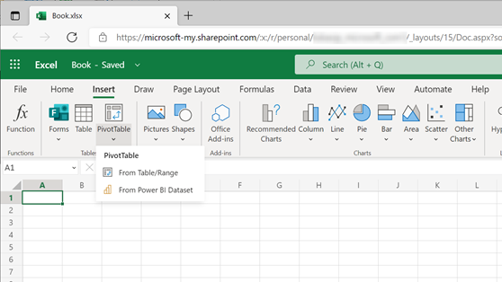 Screenshot showing the From Power BI Dataset option available in Excel for the web's Insert PivotTable ribbon. 