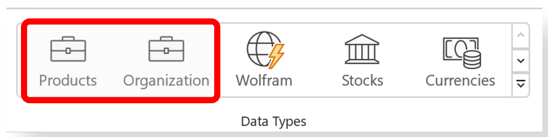 Screenshot of Excel's Data Types gallery with the Products and Organization data types highlighted which represent featured tables in Power BI datasets. 