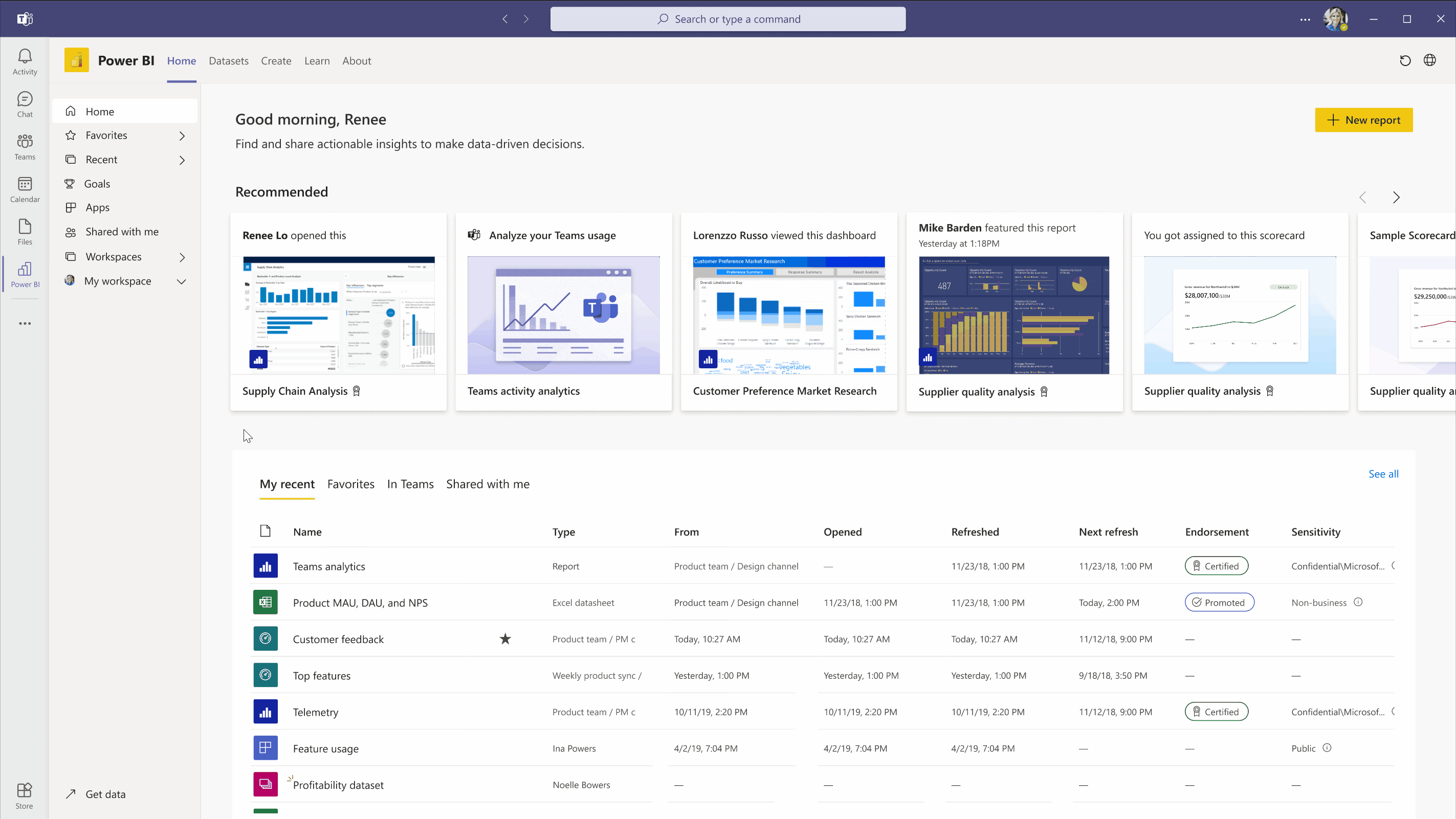 Animated GIF showing the In Teams tabs list on Power BI home when in Microsoft Teams. 