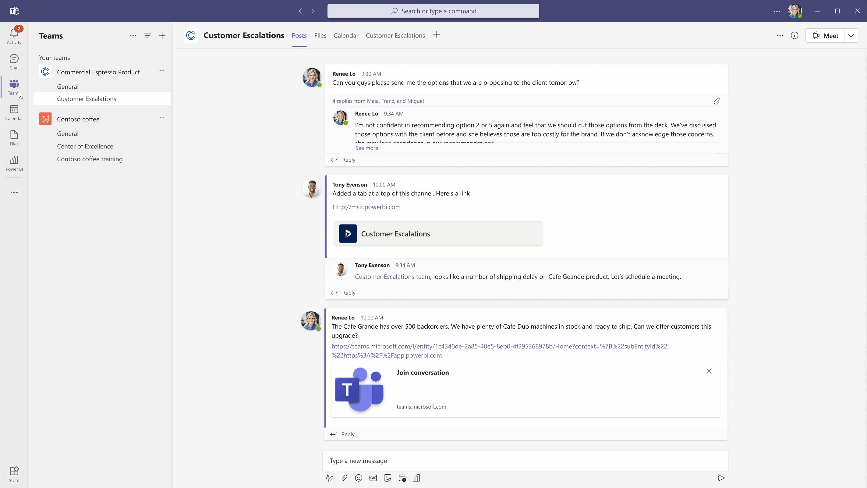 Animated GIF of Power BI notifications arriving in the Microsoft Teams activity feed. A toast pop up is shown for a Power BI notification, and the dashboard opens in the Teams activity feed. 