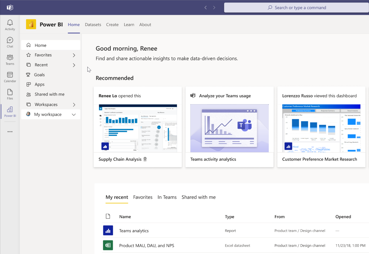 Screenshot of the simplified navigation in the Power BI app for Microsoft Teams. It shows removed duplication that makes it easier to find features like goal, datasets, and create.