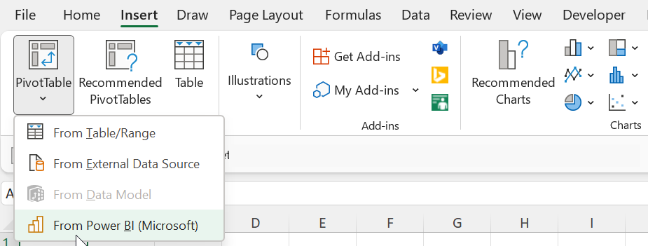 Screenshot of the From Power BI (Microsoft) option in Excel desktop's Insert PivotTable menu.