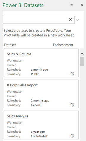 Power BI datasets list in Excel for the web