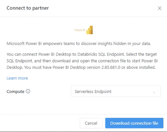 Selecting compute endpoint (serverless) and downloading connection file.