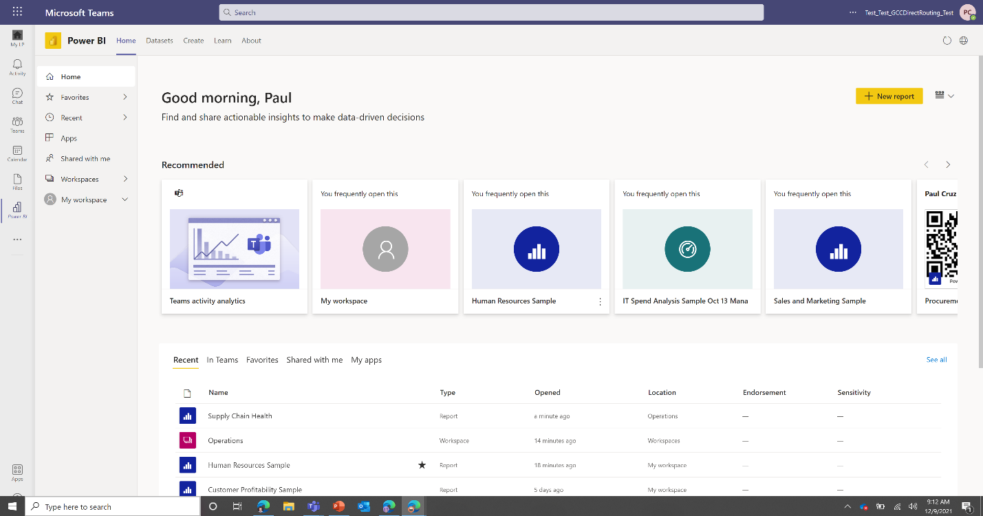 Screenshot of the Power BI app for Microsoft Teams in US Government Community Cloud