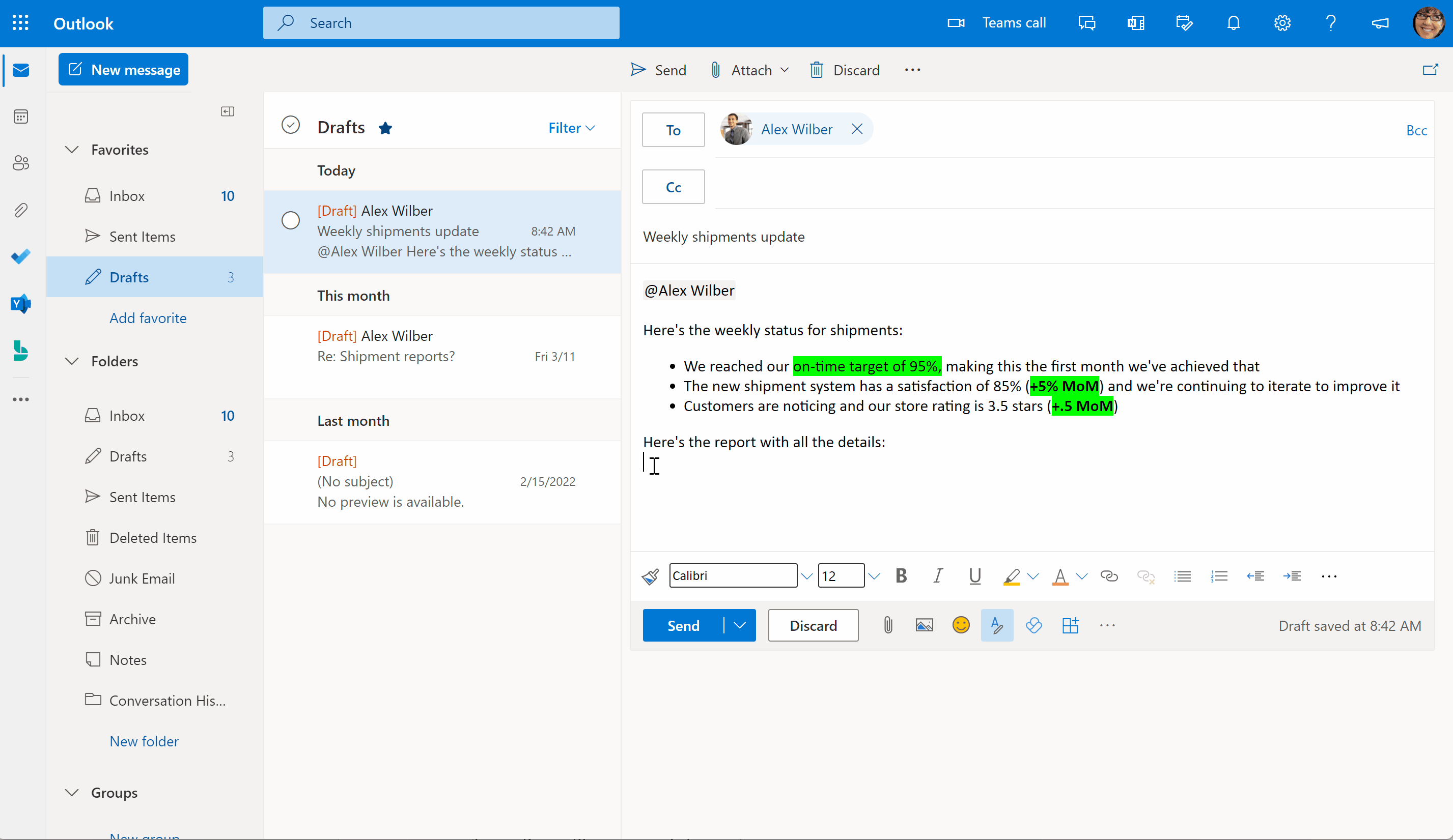 Animated GIF of inserting a Power BI rich card into a weekly status email using Outlook. The card is inserted by using the apps button, selecting Power BI, seeing a list of recently opened items, searching for a specific report, picking the report, inserting the card, and sending the email.