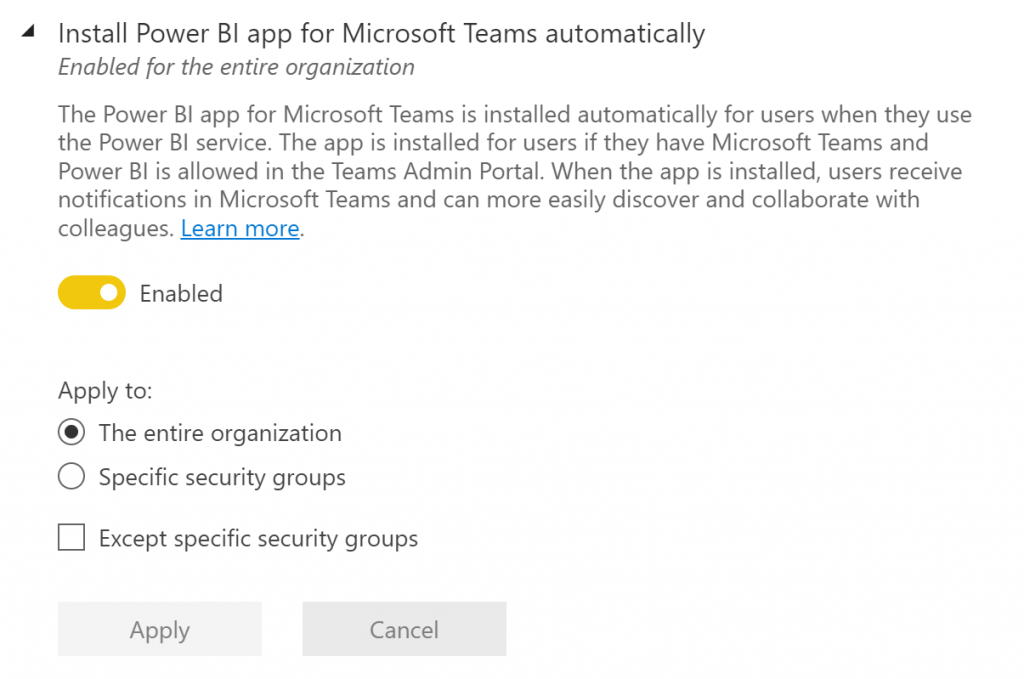 Screenshot of the "Install Power BI app for Microsoft Teams automatically" Power BI tenant setting that controls automatic installation of the Power BI app for Microsoft Teams for a user.