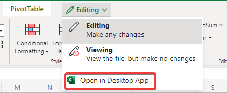 Open Excel workbook in the Excel Desktop app from the browser.