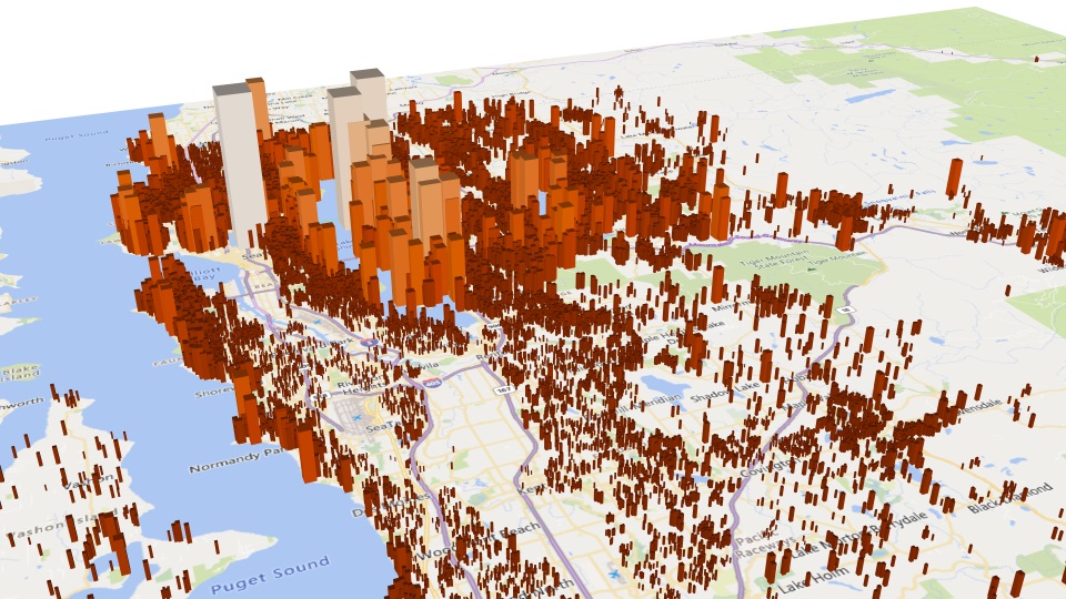 Screenshot of bar chart elements overlaid on a map of the Puget Sound region in SandDance.