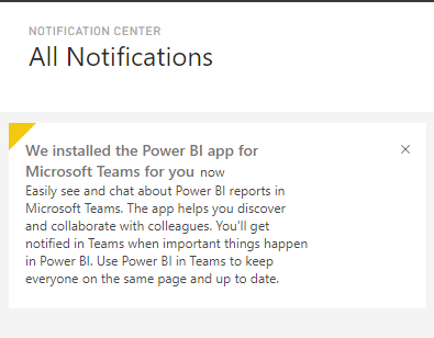 Screenshot of the notification received in the Power BI service by a user when automatic installation occurs.