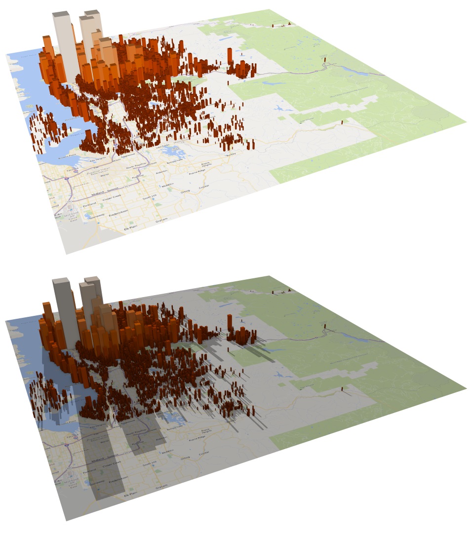 Screenshots of two chart renderings each overlaid on a map of Puget Sound in SandDance; the 2nd chart showing elements which have shadow effects.