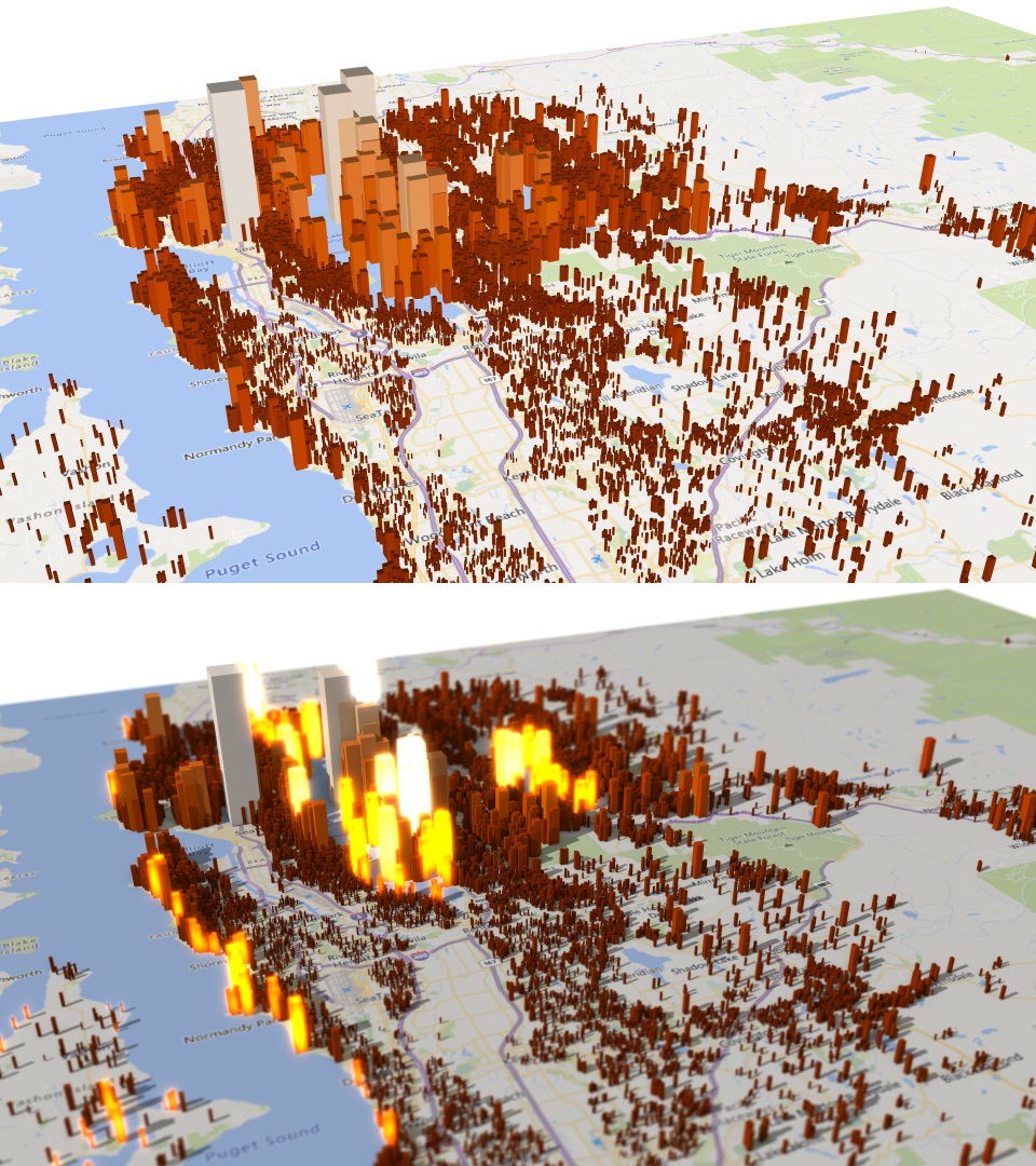 Screenshots of two chart renderings each overlaid on a map of Puget Sound in SandDance; the 2nd chart showing elements which have glowing lighting effects.